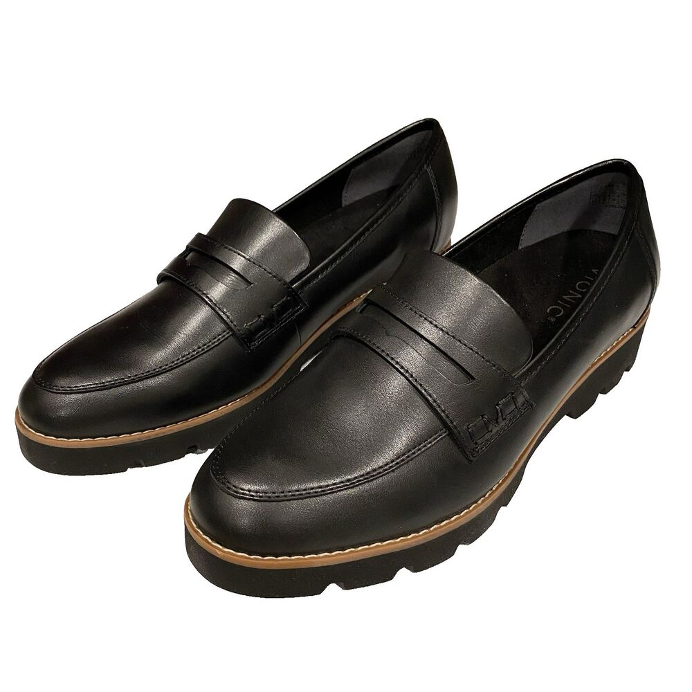 Vionic Cheryl II Lug Penny Loafers Womens 8.5 Black Leather Chunky Sole Shoes